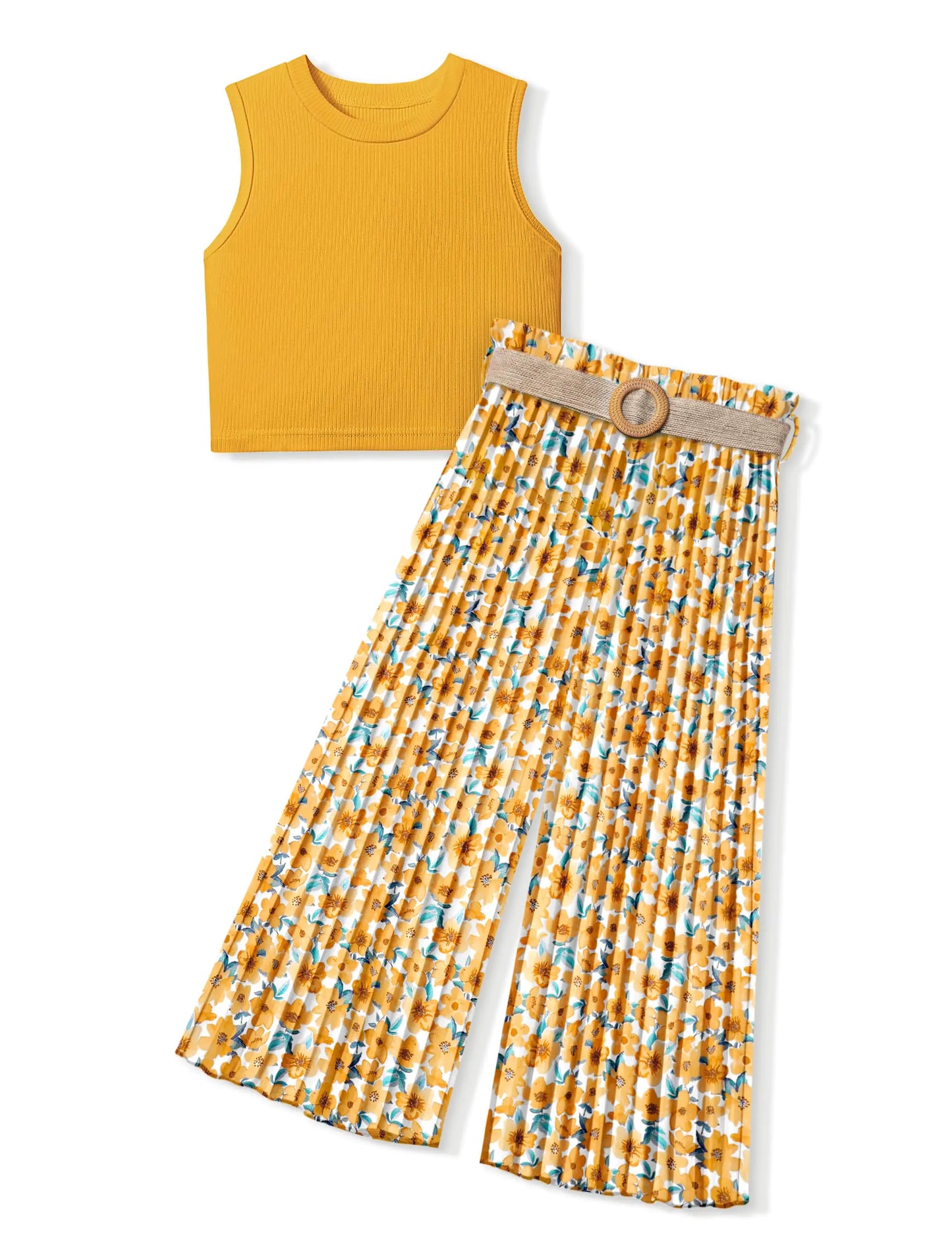 Teen Girls Rib Crop Tank Tops + Pleated Wide Leg Pants
