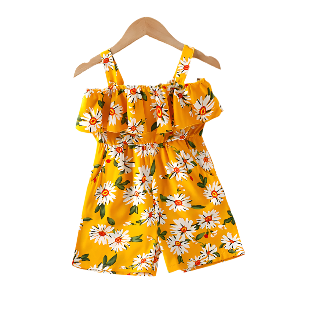 Girls' Small Print Ruffled Collar Jumpsuit