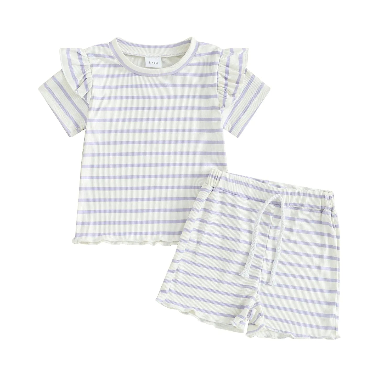 Waffle Knit Ruffle Sleeve Striped Print T-Shirt and Shorts