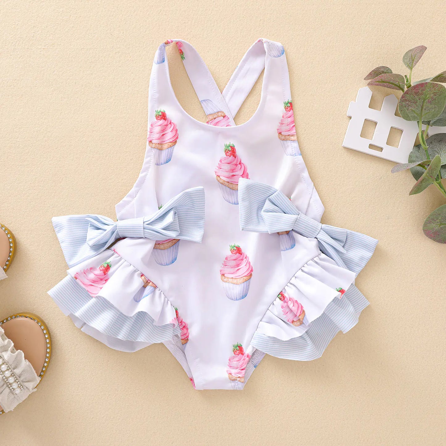 Cake Print Back Cross Bow Swimsuit