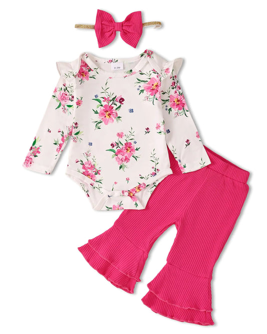 Baby Long Ruffle Sleeve Pink Floral Romper Flared Pants Headband 3PC Outfits Set