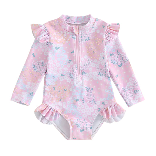 Ruffle Floral Print Zipper Swimwear