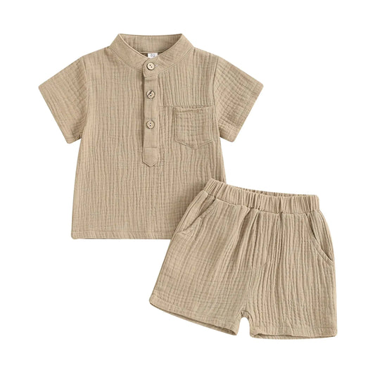 Cotton Gauze Button Up Short Sleeve Henley Shirts and Shorts Set