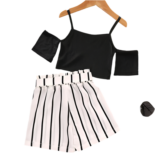 Girls' Summer Casual Off-Shoulder Set with Striped Shorts