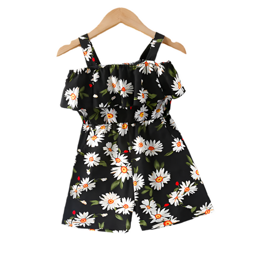 Girls' Small Print Ruffled Collar Jumpsuit