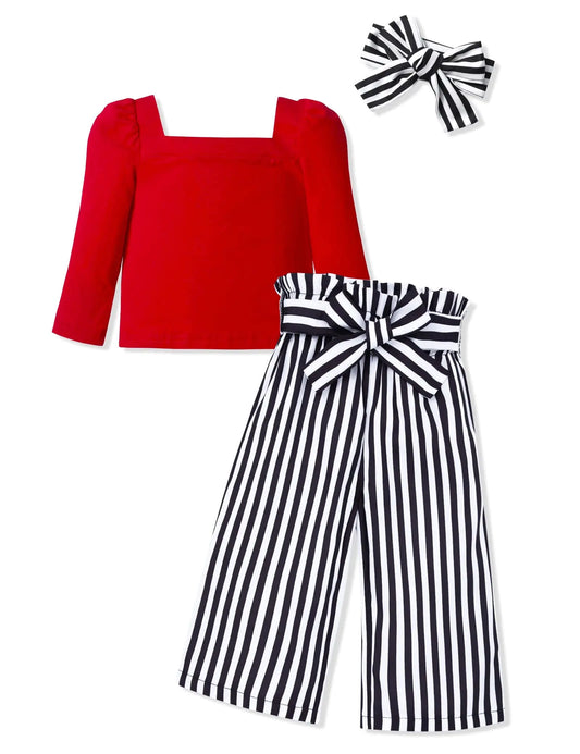 Toddler Girls Neck Puff Long Sleeve Top + Striped Pants + Headband