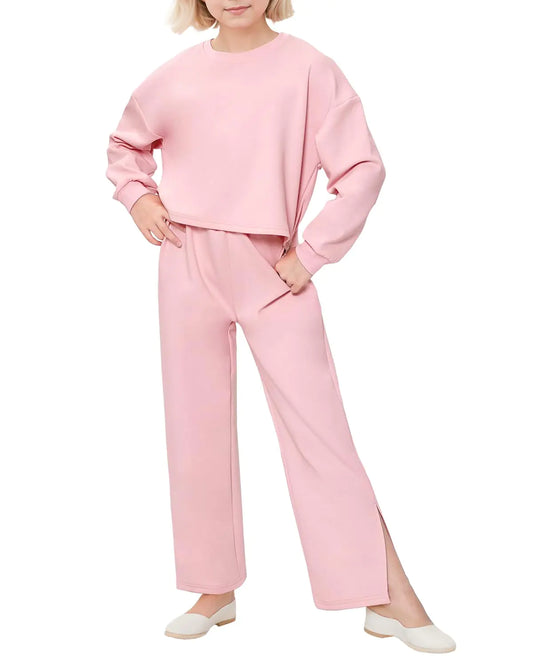 Girls 2 Piece Fashion Long Sleeve Sweatshirt and Split Wide-leg Pants