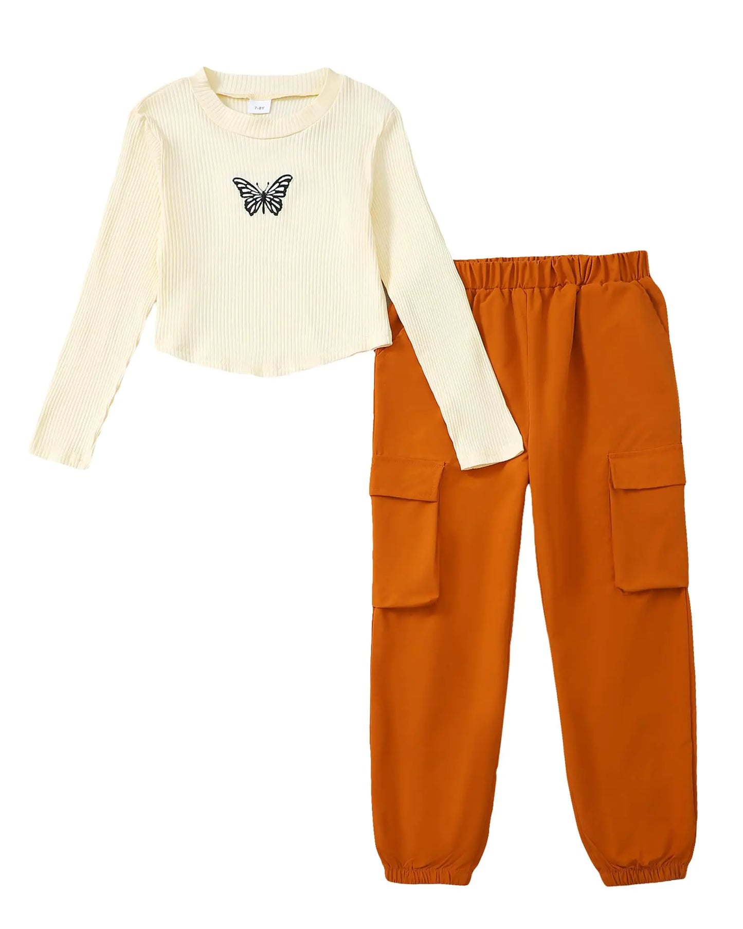 Long Sleeve Printed Crop Top 4 Pockets Cargo Pants