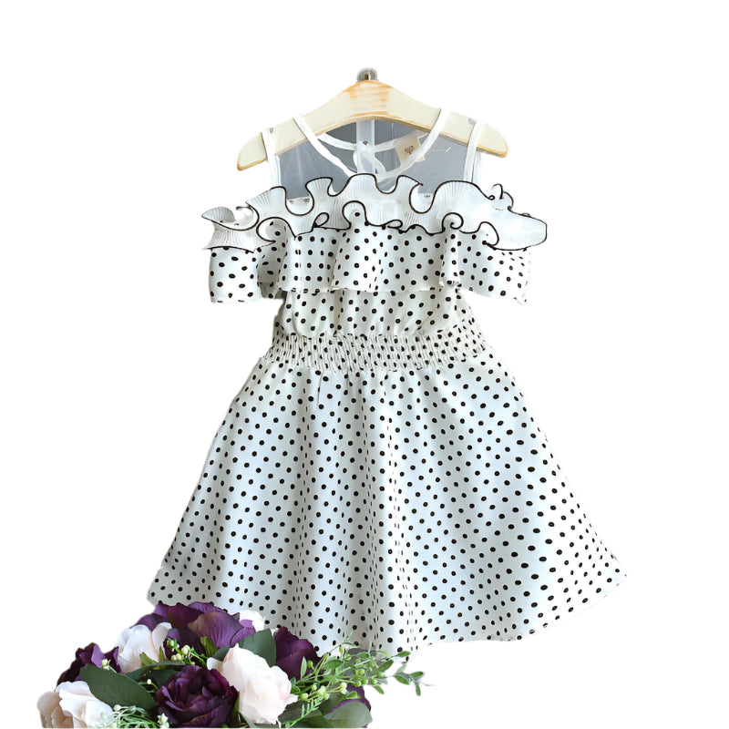 Round Neck Off-the-shoulder Polka-dot Fungus-trimmed Midi Dress