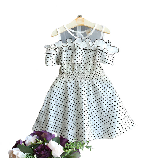 Round Neck Off-the-shoulder Polka-dot Fungus-trimmed Midi Dress