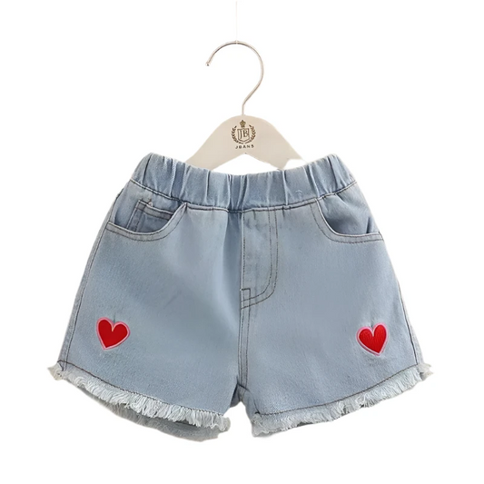 Girls' Summer Embroidered Heart Denim Shorts