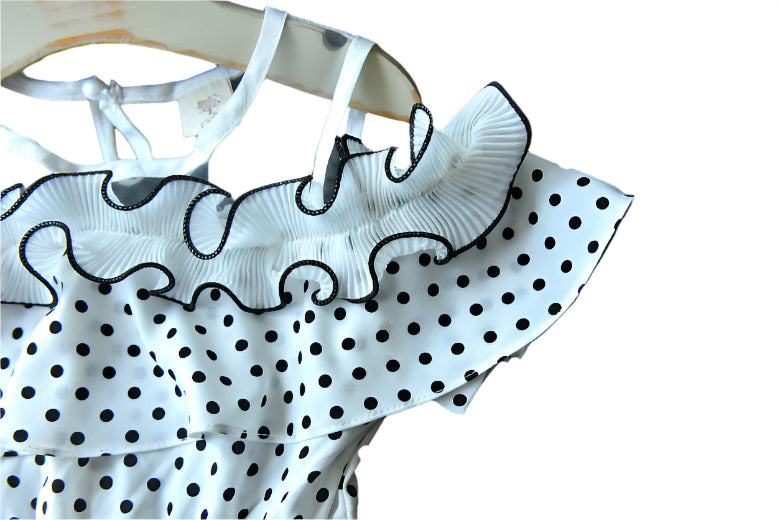Round Neck Off-the-shoulder Polka-dot Fungus-trimmed Midi Dress