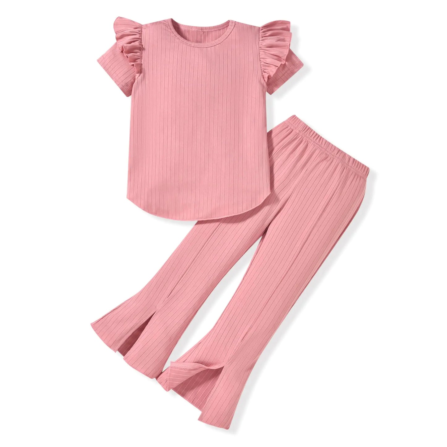 Toddler Summer Fashion Ribbed Knit Slit Flared Pants Outfit