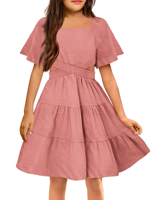 Square Neck Cut Out Shirred Ruffle  Pink Dress